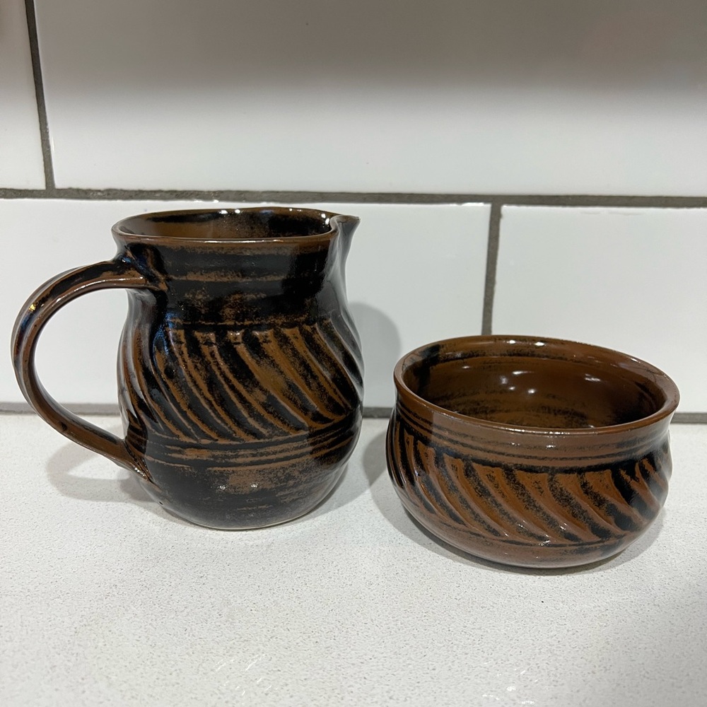 Hand-Thrown Pottery Sugar & Creamer Set | Swirled Brown Stoneware